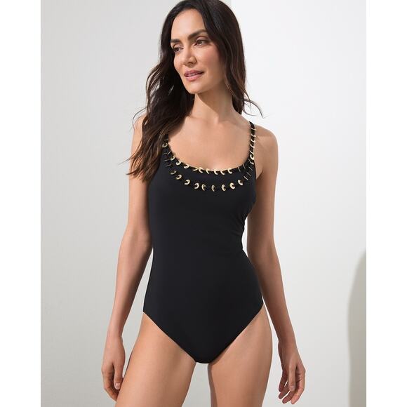 Chico’s Gottex‎ Gold Tone Detail Swimsuit black size 10 beach vacations travel - Picture 1 of 10